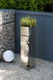 Outdoor Edelstahl Pflanzsäule mit Baum- und Sonnenmustern 102 cm hoch