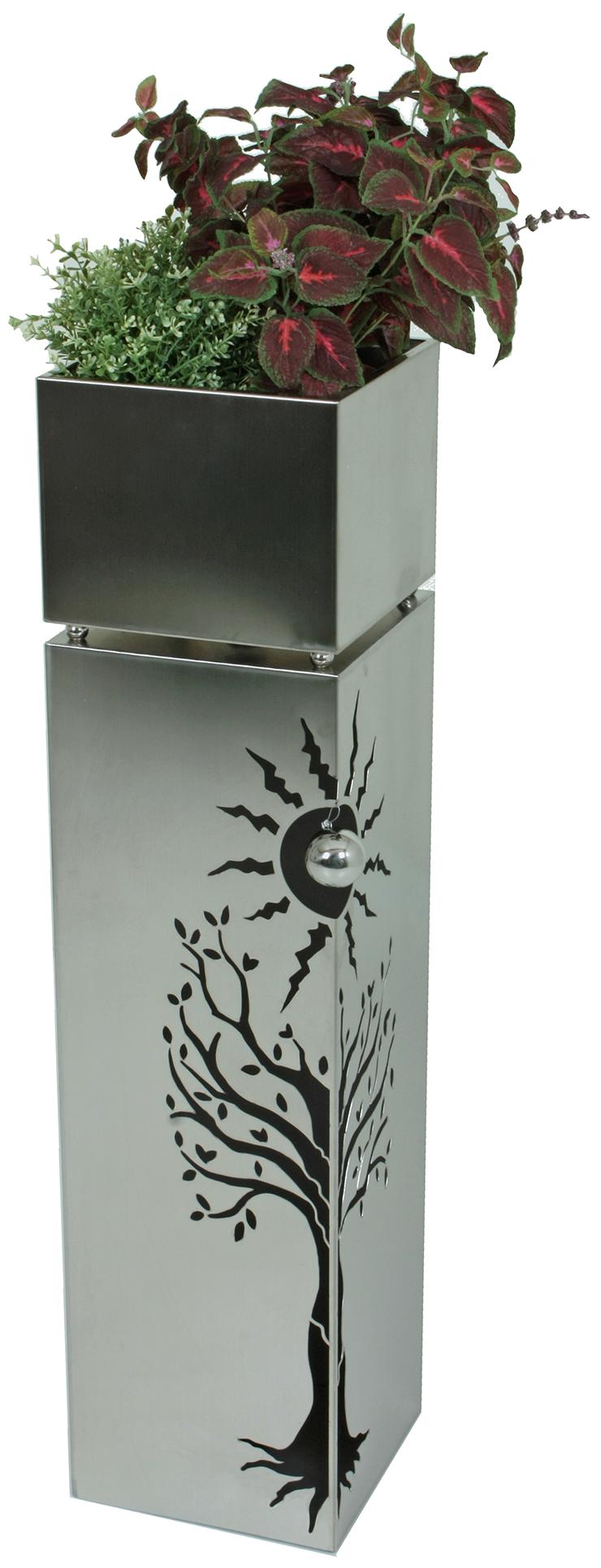 Outdoor Edelstahl Pflanzsäule mit Baum- und Sonnenmustern 102 cm hoch