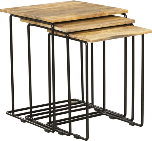 Beistelltisch CHENNAI, 3er-Set mit verschachtelten Holzplatten und schwarzem Metallgestell in Gesamtansicht.