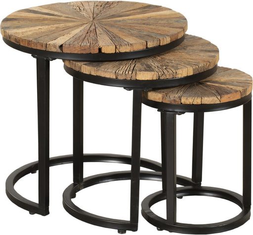 Beistelltisch MANDYA, 3er-Set: Gesamtansicht der verschachtelten Tische mit Holzplatten und schwarzen Metallgestellen.