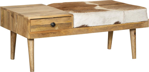 Sitzbank PATNA in Naturton aus Mangoholz mit Schublade und Kuhhaar-Sitzfläche in Gesamtansicht.