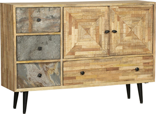 Sideboard YAMUNA mit drei Schubladen links, zwei gemusterten Türen rechts und schwarzen Beinen in Gesamtansicht.