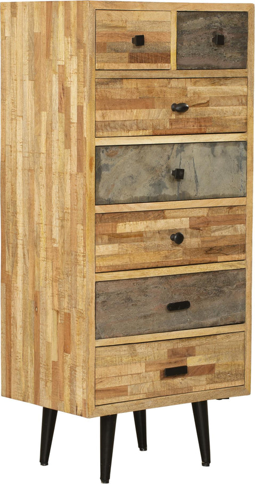 Gesamtansicht der Kommode YAMUNA 110 cm mit sechs Schubladen in Holz- und Metalloptik sowie schwarzen Beinen.