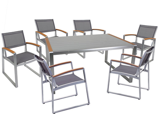 Garten Tischgruppe AVA 7-tlg. mit rechteckigem Tisch und sechs Stühlen in Gesamtansicht von schräg oben.