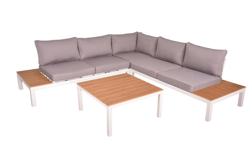 Gesamtansicht der Garten Garnitur Lounge Set VALENTINA mit grauer Polsterung, weißem Gestell und Helleiche-Tischplatten.