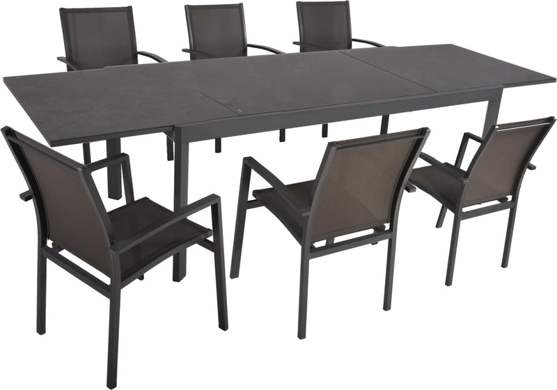 Garten Tischgruppe NEREA 7-tlg. Ausziehtisch und 6 × Stapelstuhl ELENA