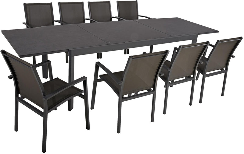 Garten Tischgruppe NEREA 9-tlg. Ausziehtisch und 8 × Stapelstuhl ELENA