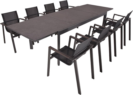 Garten Tischgruppe NEREA 9-tlg. mit ausziehbarem Tisch und acht Stapeluehlen in Gesamtansicht.