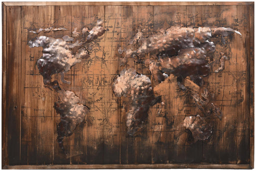 Wandbild Wanddekoration 3D Metallbild Weltkarte 120 x 80 cm mit erhabener Weltkarte und Holzhintergrund.