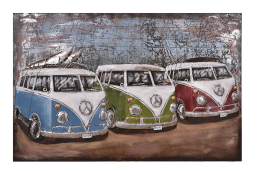 Wandbild Wanddekoration 3D Metallbild 3 Bullis mit drei Vintage-Campervans in Blau, Grün und Rot, Gesamtansicht.