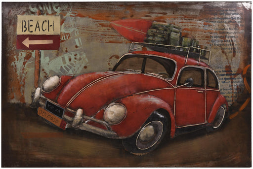 Wandbild Wanddekoration 3D Metallbild roter Käfer mit Gepäck, Vintage-Auto und Beach-Schild in Gesamtansicht.