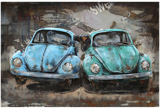 Wandbild Wanddekoration 3D Metallbild Käfer mit Pärchen 120 x 80 cm, Gesamtansicht mit zwei vintage-blauen Käfern.