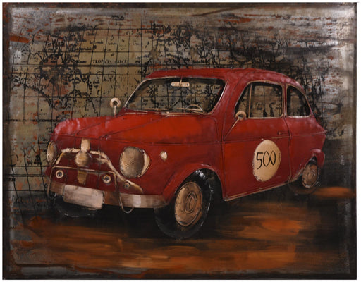 Wandbild Wanddekoration 3D Metallbild rotes Auto 100 x 80 cm in Gesamtansicht mit Vintage-Auto vor Kartenhintergrund.