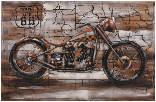 Wandbild Wanddekoration 3D Metallbild Motorrad 120 x 80 cm mit orangerotem Motorrad auf Holzuntergrund mit Straßenkarte.