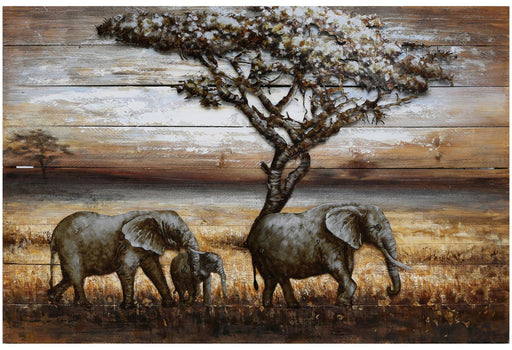 Wandbild Wanddekoration 3D Metallbild Elefanten mit zwei Elefanten unter einem Baum in Savannenszenerie, Gesamtansicht.