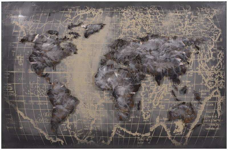 Wandbild Wanddekoration 3D Metallbild Weltkarte grau 120 x 80 cm