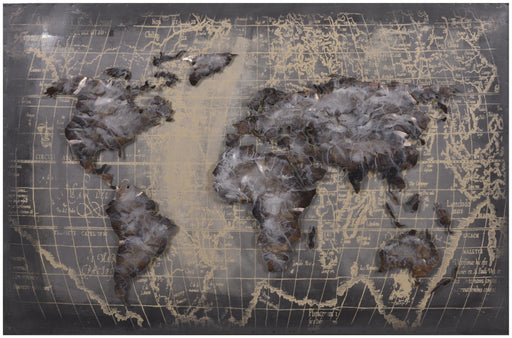 Wandbild Wanddekoration 3D Metallbild Weltkarte in Gesamtansicht mit plastischen Kontinenten über grauer Kartengrundfläche.