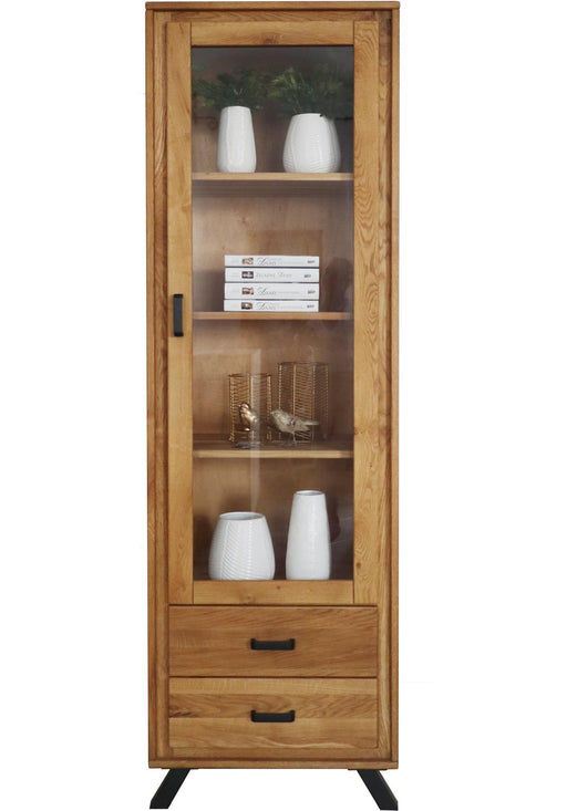 Vitrine BERN 1-türig rechts aus Wildeiche Massivholz mit Glastür und schwarzen Metallbeinen, Gesamtansicht.