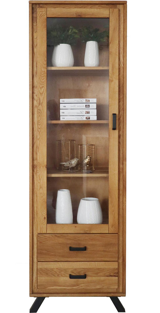 Vitrine BERN 1-türig links aus Wildeiche Massivholz geölt mit Glastür und zwei Schubladen.