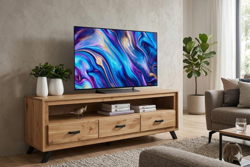 TV Lowboard BERN3 Schubläden aus Wildeiche Massivholz geölt in Gesamtansicht mit drei Schubläden und offenem Fach.
