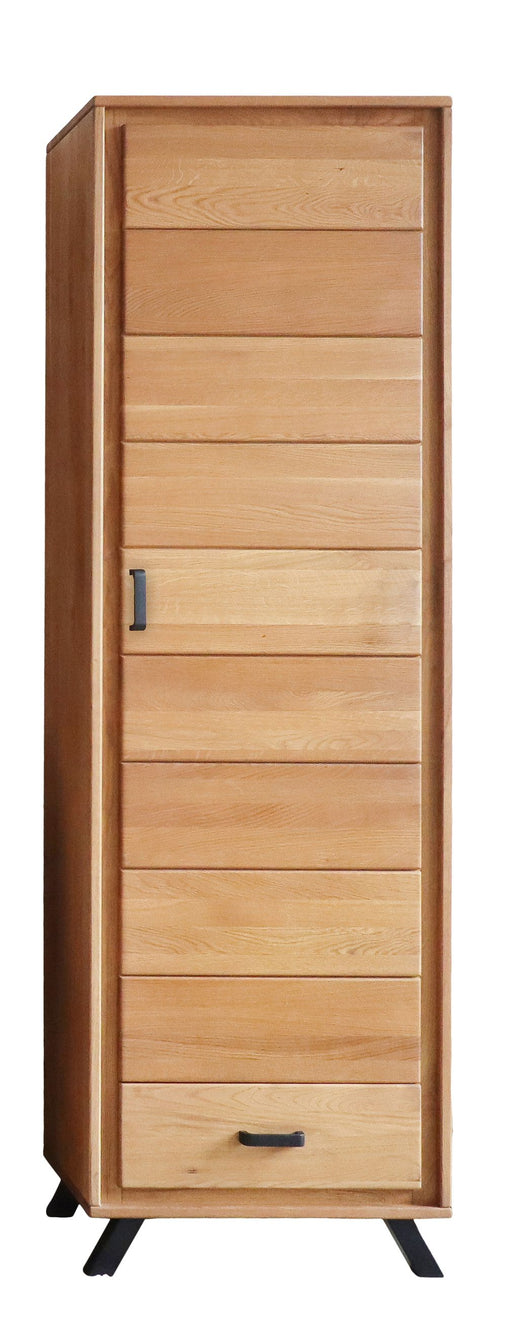 Dielenschrank BERN 1-türig rechts Wildeiche mit horizontalen Holzlamellen und schwarzen Beinen in Gesamtansicht.