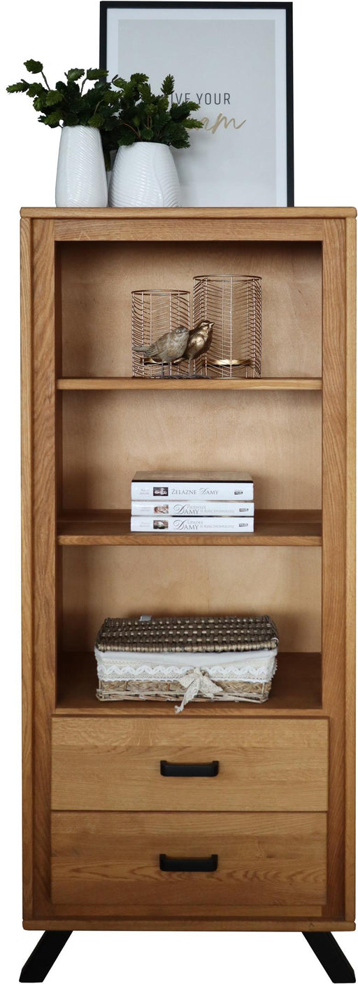 Regal BERN 139 cm in Wildeiche Massivholz geölt, Gesamtansicht mit drei offenen Fächern und zwei Schubläden.