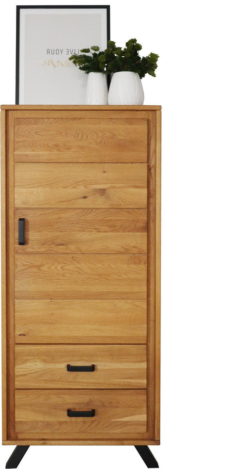 Schrank BERN 1-türig rechts in Wildeiche Massivholz geölt, Gesamtansicht mit Tür und Schubladen auf schwarzen Beinen.