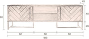 Technische Draufsicht des Sideboards CLASS LOW BLACK mit Maßangaben und Herringbone-Muster auf den Türfronten.