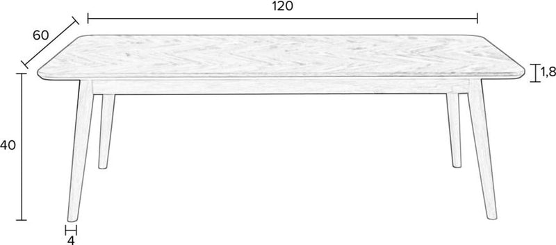 Technische Zeichnung des Couchtisch FABIO BLACK mit Maßangaben: 120×60×40 cm, rechteckige Tischplatte mit abgerundeten Ecken.