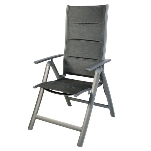 Gartensessel Comfort 6-fach verstellbar mit gepolsterter Rückenlehne und Aluminium-Gestell in schwarz.