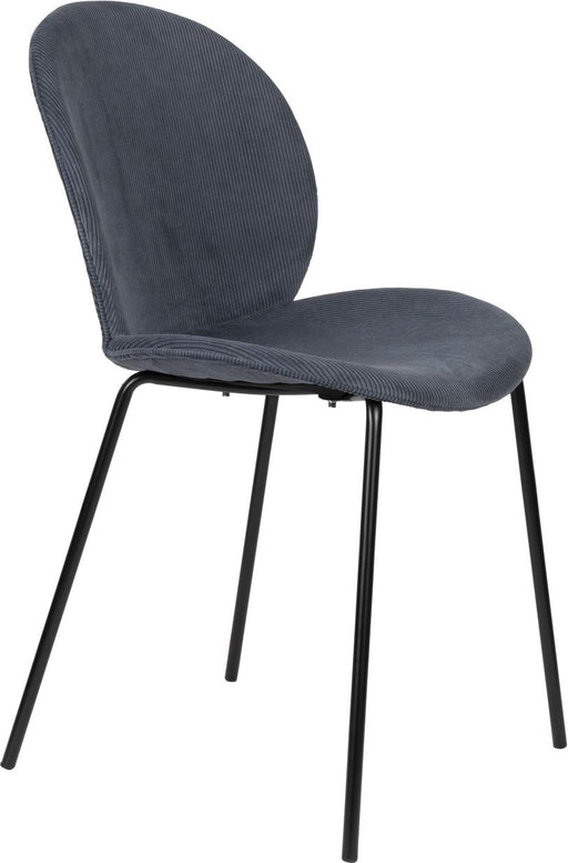 Esszimmerstuhl BONNET GREY BLUE von ZUIVER in Gesamtansicht mit grauem Cordstoff und schwarzem Metallgestell.