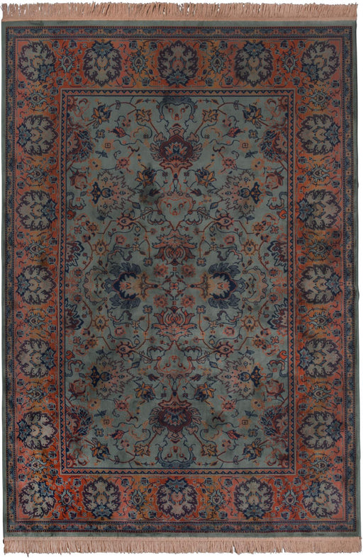 Teppich BID Old Green mit blaugrünem Mittelfeld, ornamentalem Muster in Rot und Dunkelblau sowie orangerotem Bordürenmuster.