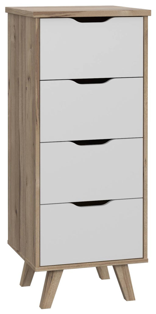 Schubladenkommode VANKKA mit 4 Schubladen in Plankeneiche und Weiß, Gesamtansicht mit Angled-Beinen.