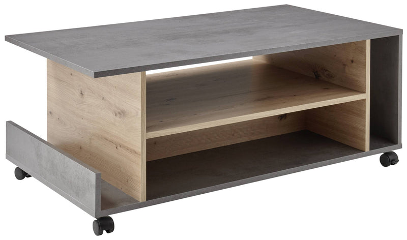Couchtisch HARVEY 108 x 60 mit Rollen Optik Betongrau / Artisan Eiche