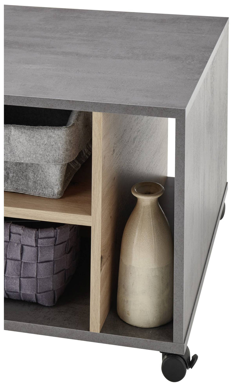 Couchtisch HARVEY 108 x 60 mit Rollen Optik Betongrau / Artisan Eiche