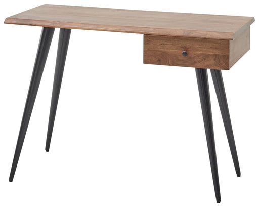 Schreibtisch NIKO mit Massivholzplatte in Akazie-Natur, einer Schublade und schwarzem Metallgestell, Gesamtansicht.