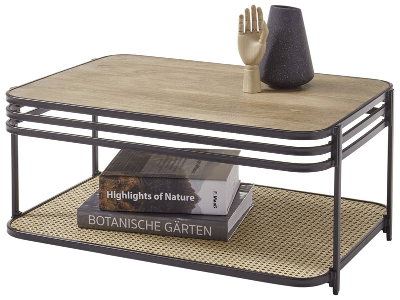 Couchtisch BOMI Platte aus Mangoholz Metallgestell mit Geflecht