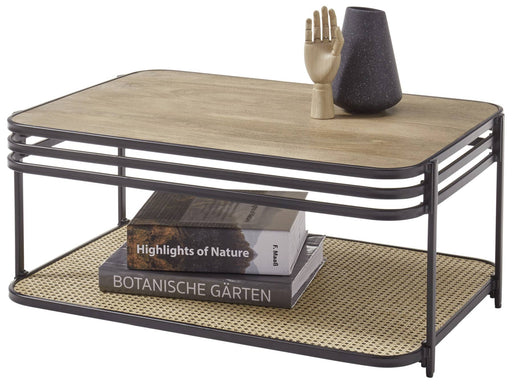Couchtisch BOMI Platte aus Mangoholz Metallgestell mit Geflecht