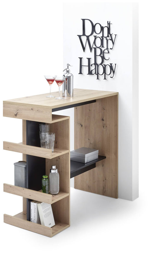 Stehtisch Bartisch Küchenbar SMASH in Artisan Eiche und Schwarz mit offenen Fächern, Gesamtansicht von vorne.