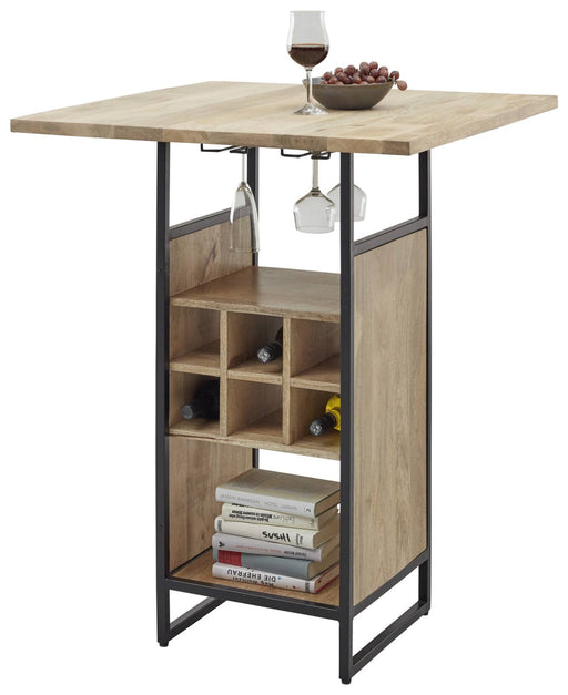 Stehtisch Bartisch DABOU mit heller Holzplatte, Weinglashalter und Flaschenregal, Gesamtansicht.