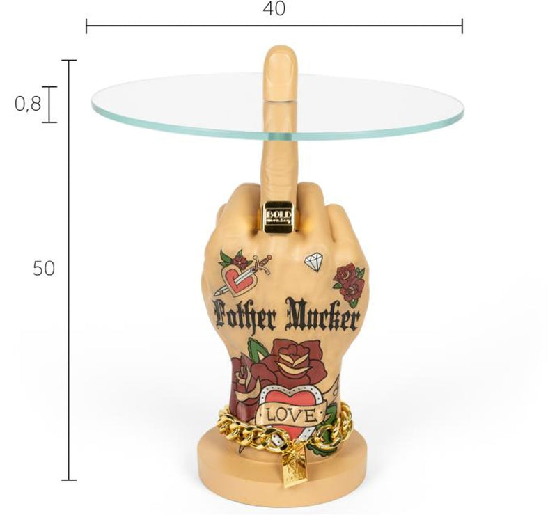 Beistelltisch Mittelfinger FOTHER MUCKER LOVE mit Glastischplatte und Hand-Skulptur, Gesamtansicht.