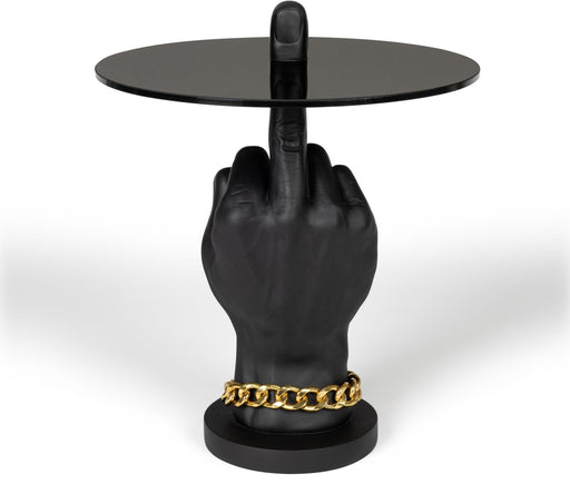 Beistelltisch Mittelfinger FOTHER MUCKER BLACK mit schwarzer Handform und runder schwarzer Tischplatte in Gesamtansicht.