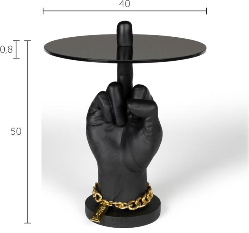 Beistelltisch Mittelfinger FOTHER MUCKER BLACK mit schwarzer Handform und runder schwarzer Tischplatte in Gesamtansicht.