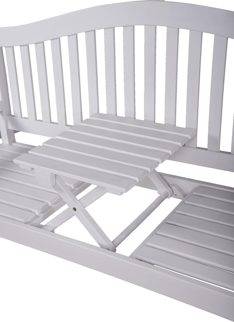 Gartenbank mit hochklappbarem Tisch aus 100% Eukalyptus white washed