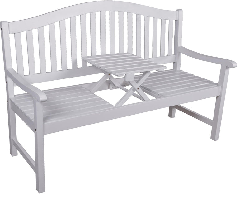 Gartenbank mit hochklappbarem Tisch aus 100% Eukalyptus white washed