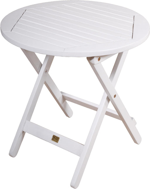 Bestelltisch Gartentisch MESA rund Ø 50 cm white washed aus Eukalyptus mit X-förmigen Beinen in Gesamtansicht.