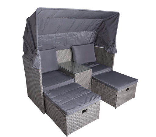 Gesamtansicht der Relax Lounge SAINT TROPEZ mit grauem Polyrattan-Gestell, Sonnendach und integrierten Hockern.