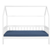 Kinderbett FUNKY HOUSEBED 90 x 200 in Weiß als Himmelbett mit Holzrahmen und dunkelblauer Matratze, Gesamtansicht.
