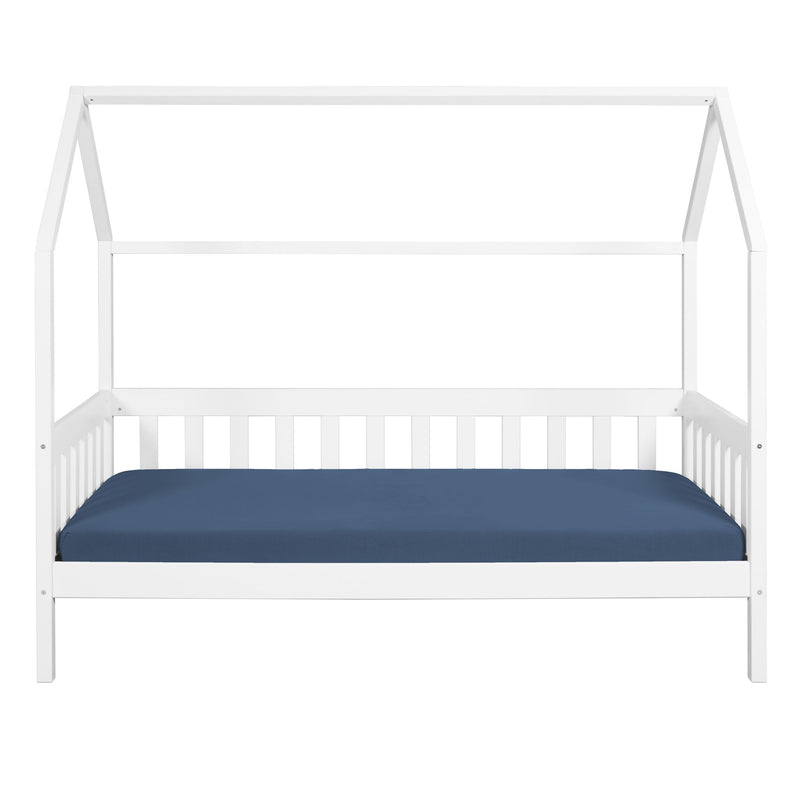 Kinderbett FUNKY HOUSEBED 90 x 200 in Weiß als Himmelbett mit Holzrahmen und dunkelblauer Matratze, Gesamtansicht.