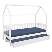 Kinderbett FUNKY HOUSEBED 90 x 200 weiß mit Himmelbett-Gestell und ausziehbarem Gästelieger, Gesamtansicht.